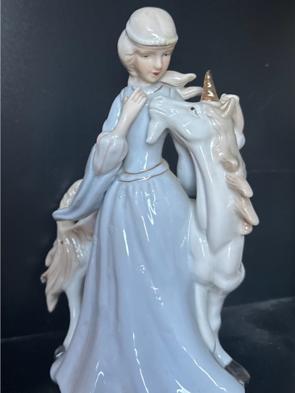 Musical Porcelain Girl with Unicorn Figurine in Pale Blue and Cream